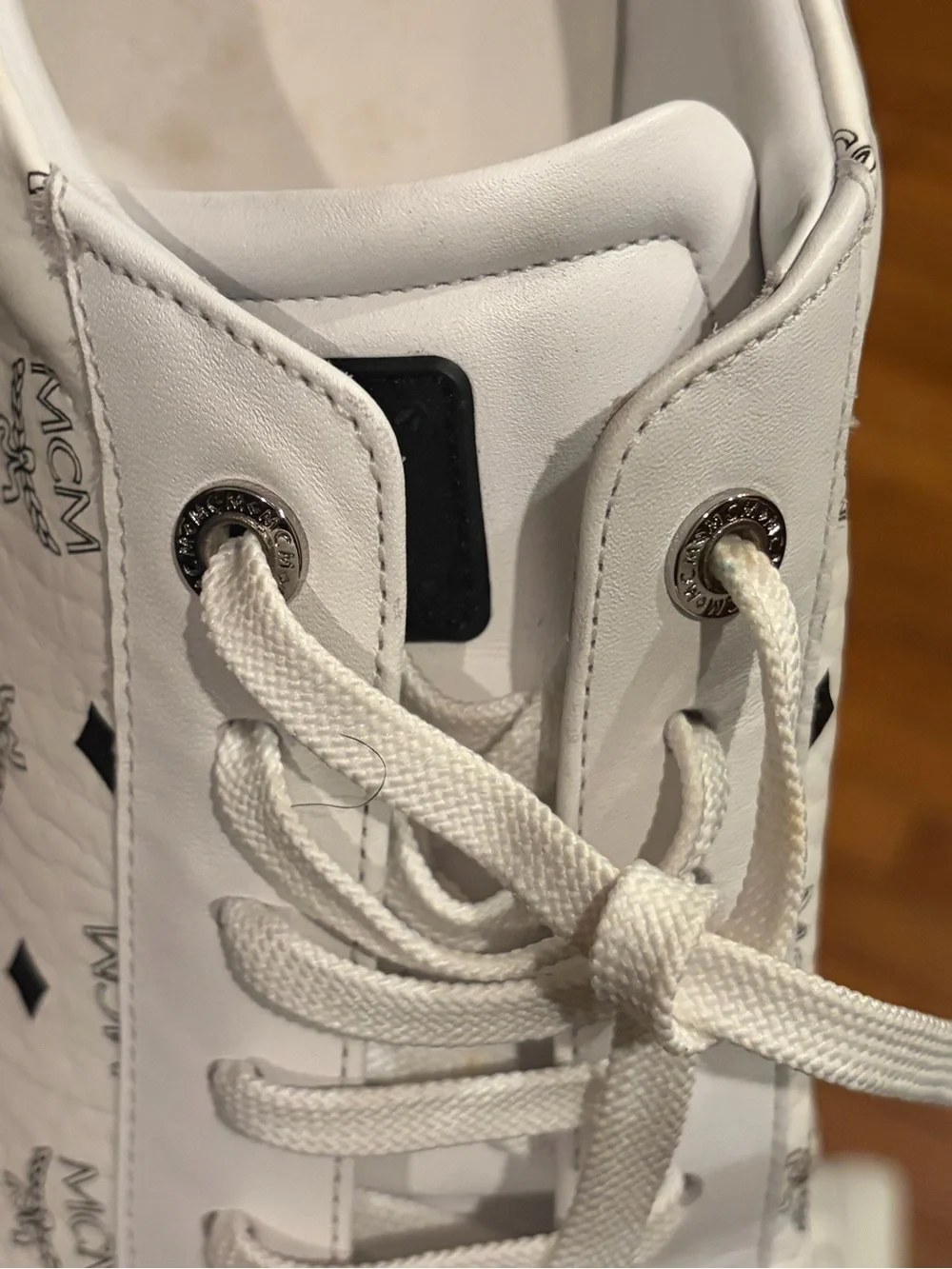 MCM White Low-Top Logo Panel Sneakers with Black Heel Tab